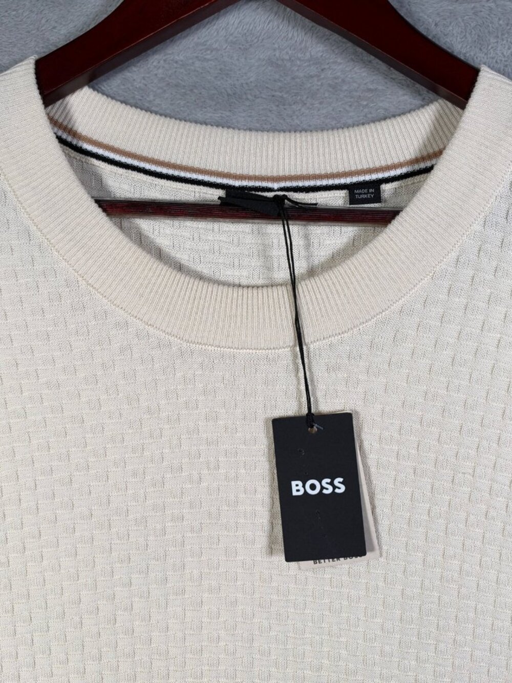 BOSS Sweater Mens XXL Ivory H Imberto Texture Knit Cotton Crewneck Pullover $179